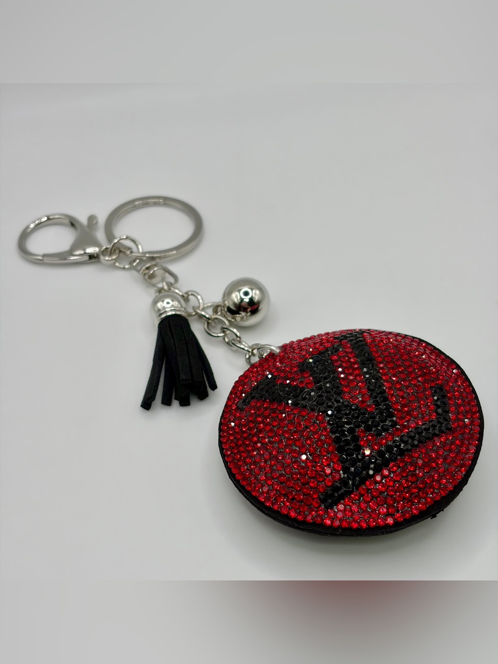 Red Crystal Round Keychain with Black Monogram Accent